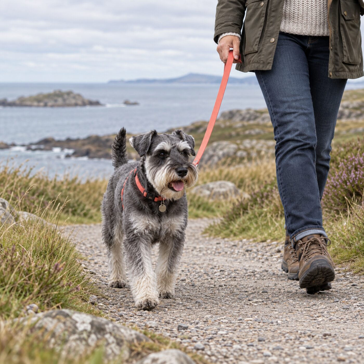 Adult Miniature Schnauzer walking beside its owner on a British coastal path